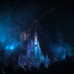 crystal castle with fireworks at night