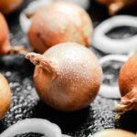 Fresh onions . On table