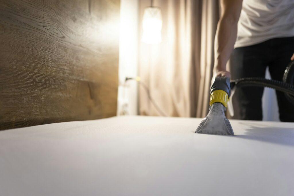 Man cleans the mattress from dust and dirt with washing vacuum cleaner. Bed cleaning process