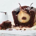 Chocolate cake with pears baked inside. Chocolate pear cake or dark chocolate bundt cake with pear o
