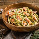 Italian traditional Pasta al Salmone, Bucatini pasta with Smoked Salmon.