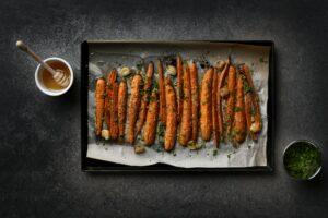 Tray with roasted honey glazed carrots