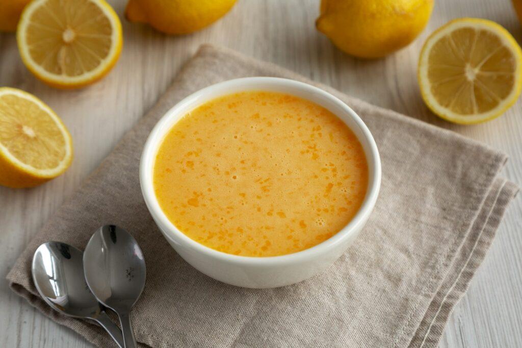 Homemade Organic Lemon Curd in a Bowl, side view.