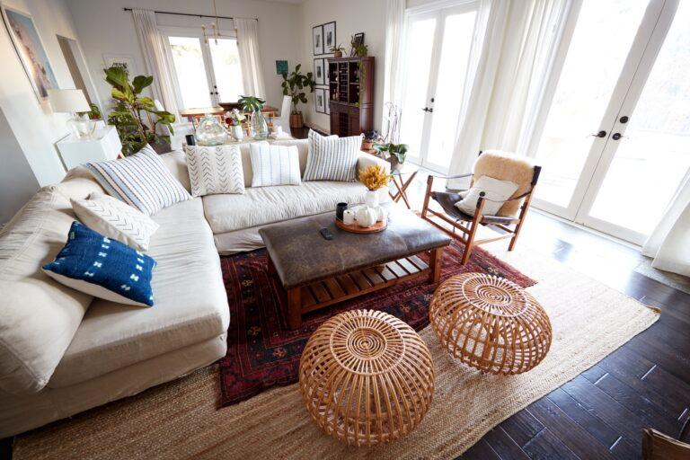 A family living room with French windows and a large comfortable corner sofa