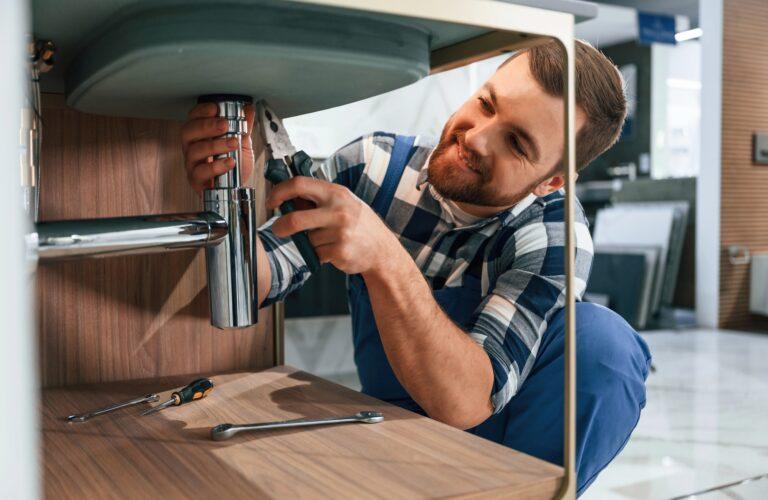 Busy by repairing siphon. Plumber in blue uniform is at work in the bathroom