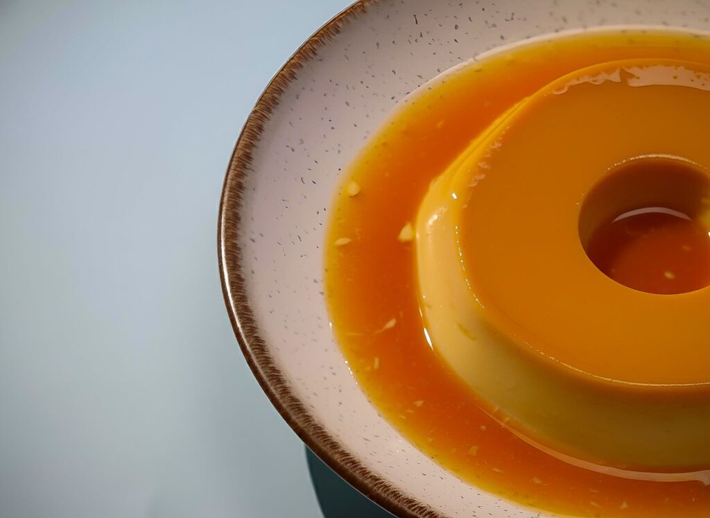 Délicieux flan crémeux au caramel servi sur une assiette en céramique à la texture onctueuse dans une douce lumière douce.