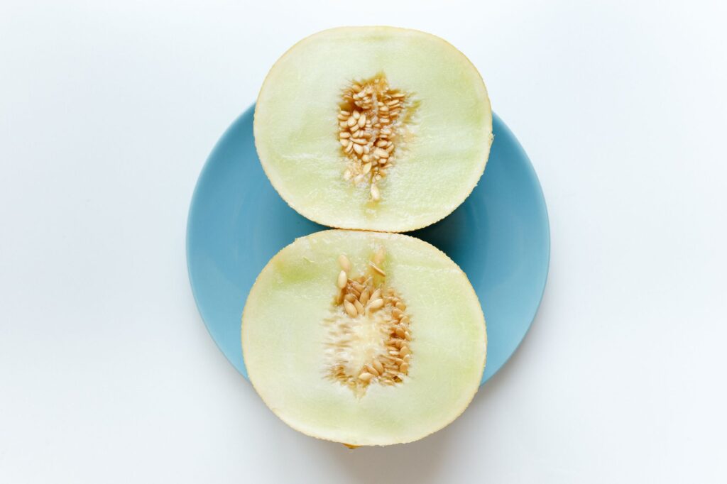 Melon miel tranché sur une assiette bleue, mettant en valeur la fraîcheur et des couleurs vives.