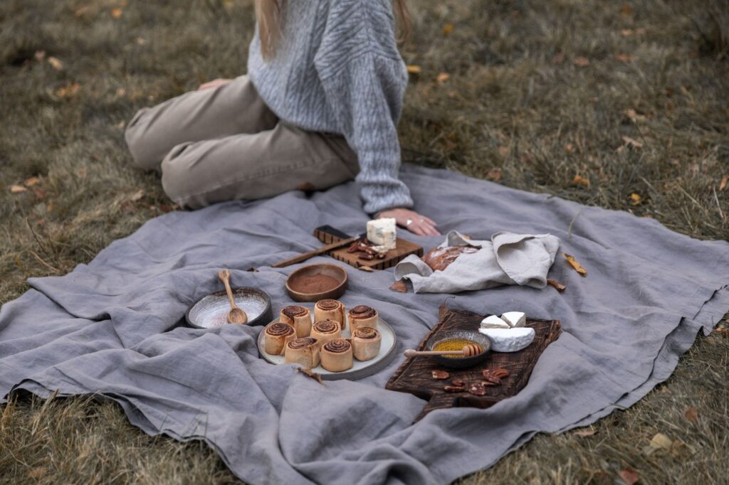 Pique-nique paisible d'automne avec fromage, pâtisseries et une nappe confortable en plein air.