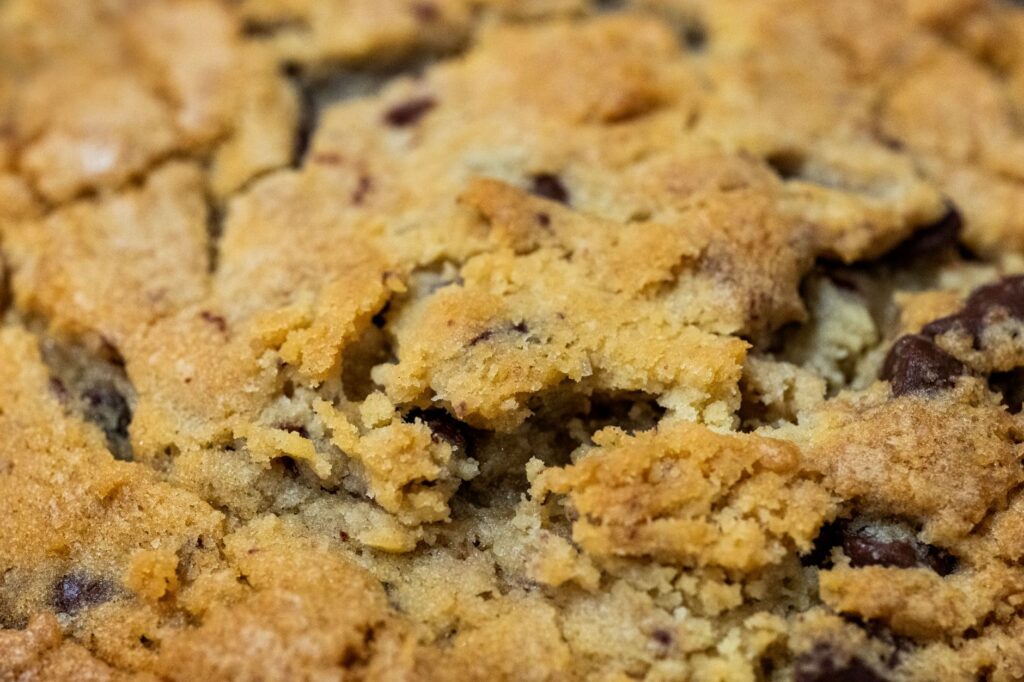 Délicieuse vue en gros plan d'un cookie aux pépites de chocolat fraîchement cuit.