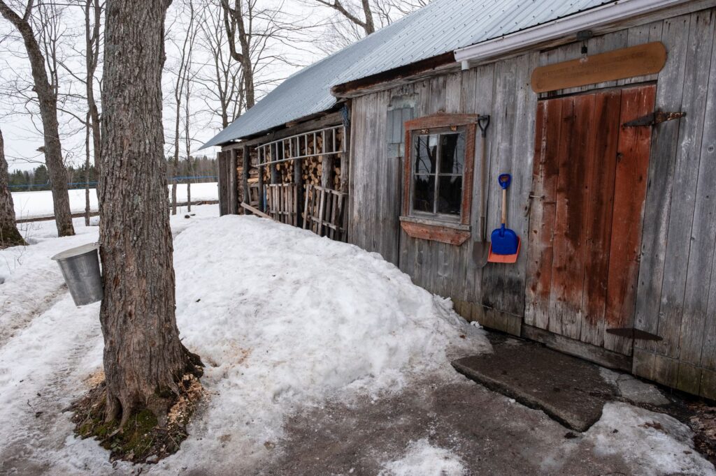 Une cabane à sucre traditionnelle au Québec, Canada, entourée d'un paysage enneigé et d'un hangar à bois.
