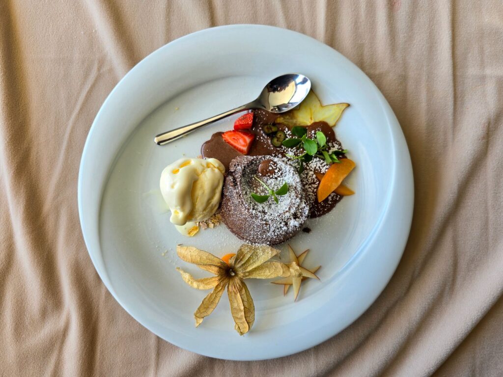 Dessert élégant avec gâteau au chocolat, glace et fruits frais sur une assiette décorative.