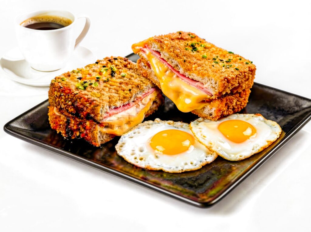 Savourez un Croque Monsieur croustillant accompagné d'œufs au plat et de café.