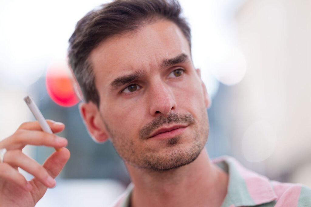 Portrait d'un homme pensif fumant une cigarette avec des lumières floues en arrière-plan.