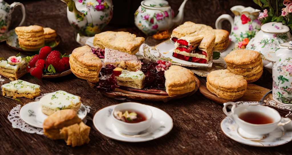 Une délicieuse sélection de scones et de pâtisseries pour un élégant cadre de thé l'après-midi.