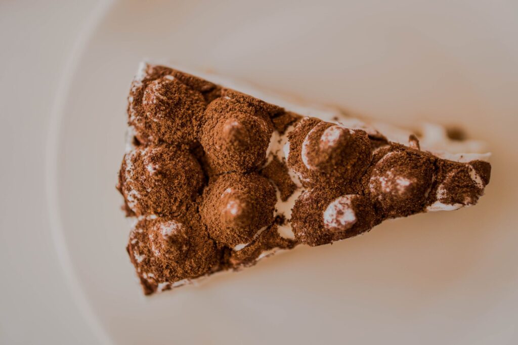 Un gros plan d'une délicieuse tranche de dessert au chocolat garnie de poudre de cacao.