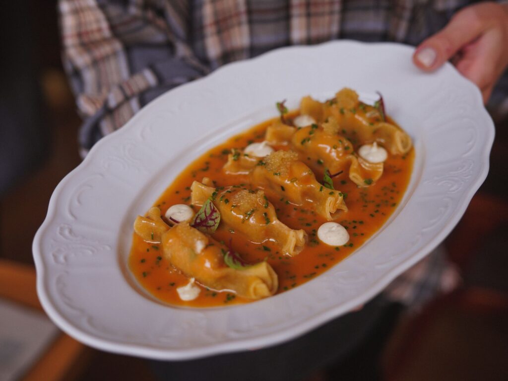 Gros plan sur des tortellini gourmets dans une sauce tomate servis dans une assiette blanche. Parfait pour des présentations culinaires.
