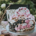 Un gâteau stylé décoré de baies et de meringues, idéal pour des événements en plein air en Pologne.