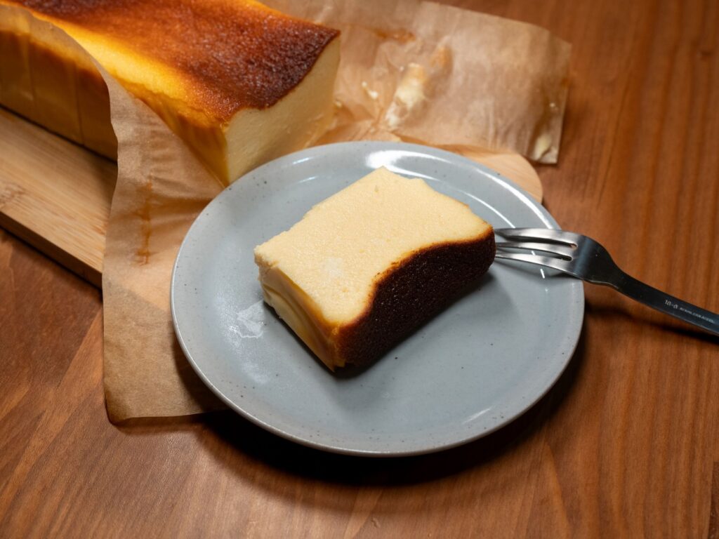 Gros plan sur une tranche de cheesecake cuit au four, servie dans une assiette, idéale pour le dessert ou le goûter.