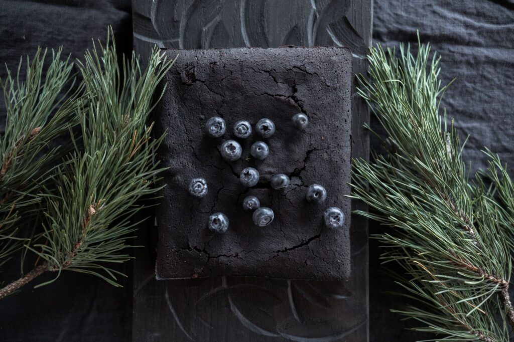 Vue de dessus d'un gâteau au chocolat noir avec des myrtilles fraîches, parfait pour une célébration festive élégante.