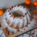 Un gâteau Bundt décoré de sucre glace, d'amandes et de fruits agrumes sur un plateau en bois.