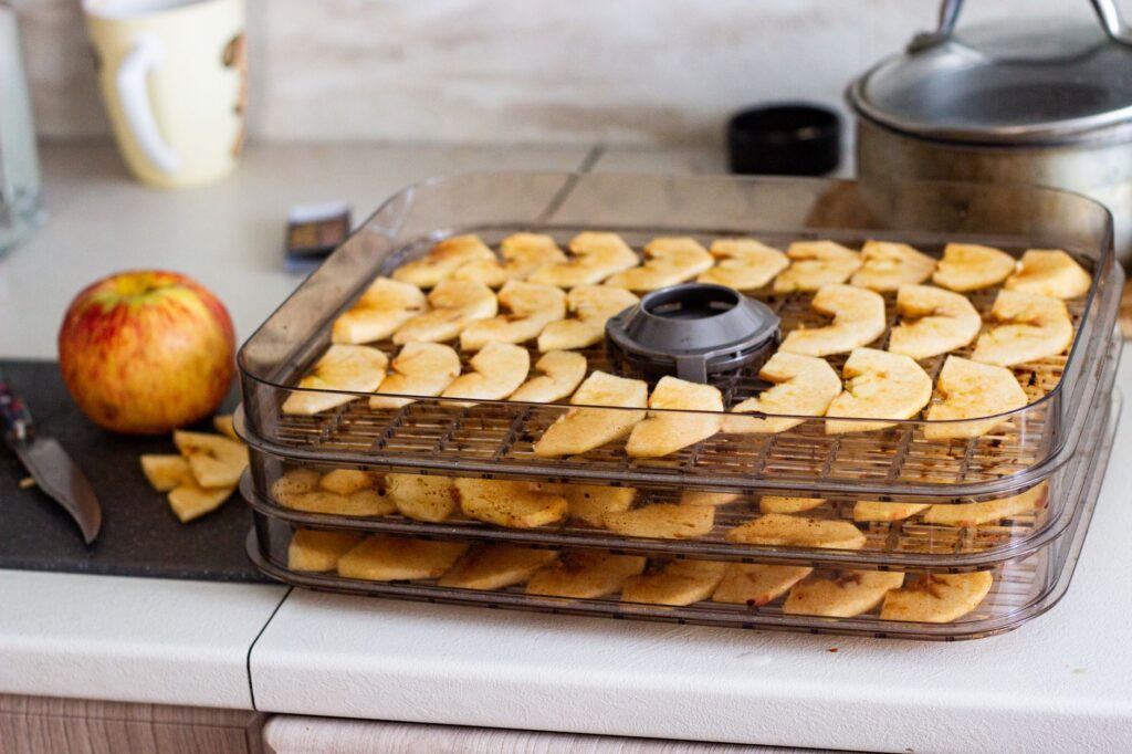 Des pommes tranchées sont déshydratées dans une cuisine pour préparer des collations maison saines.