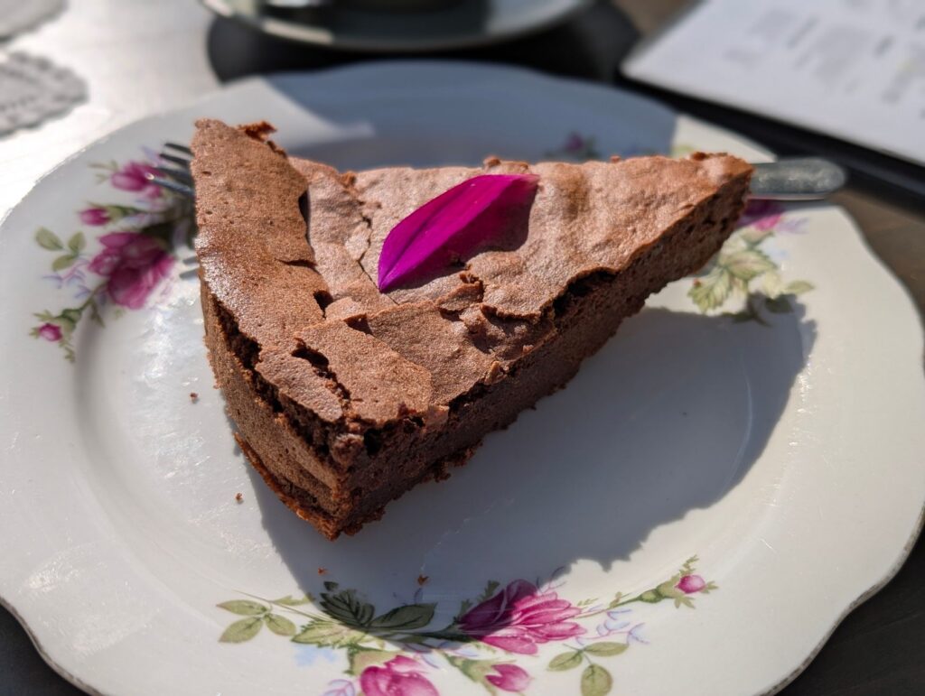 Laissez-vous tenter par une généreuse part de gâteau au chocolat ornée d'un pétale de fleur éclatant, servie sur une assiette fleurie.