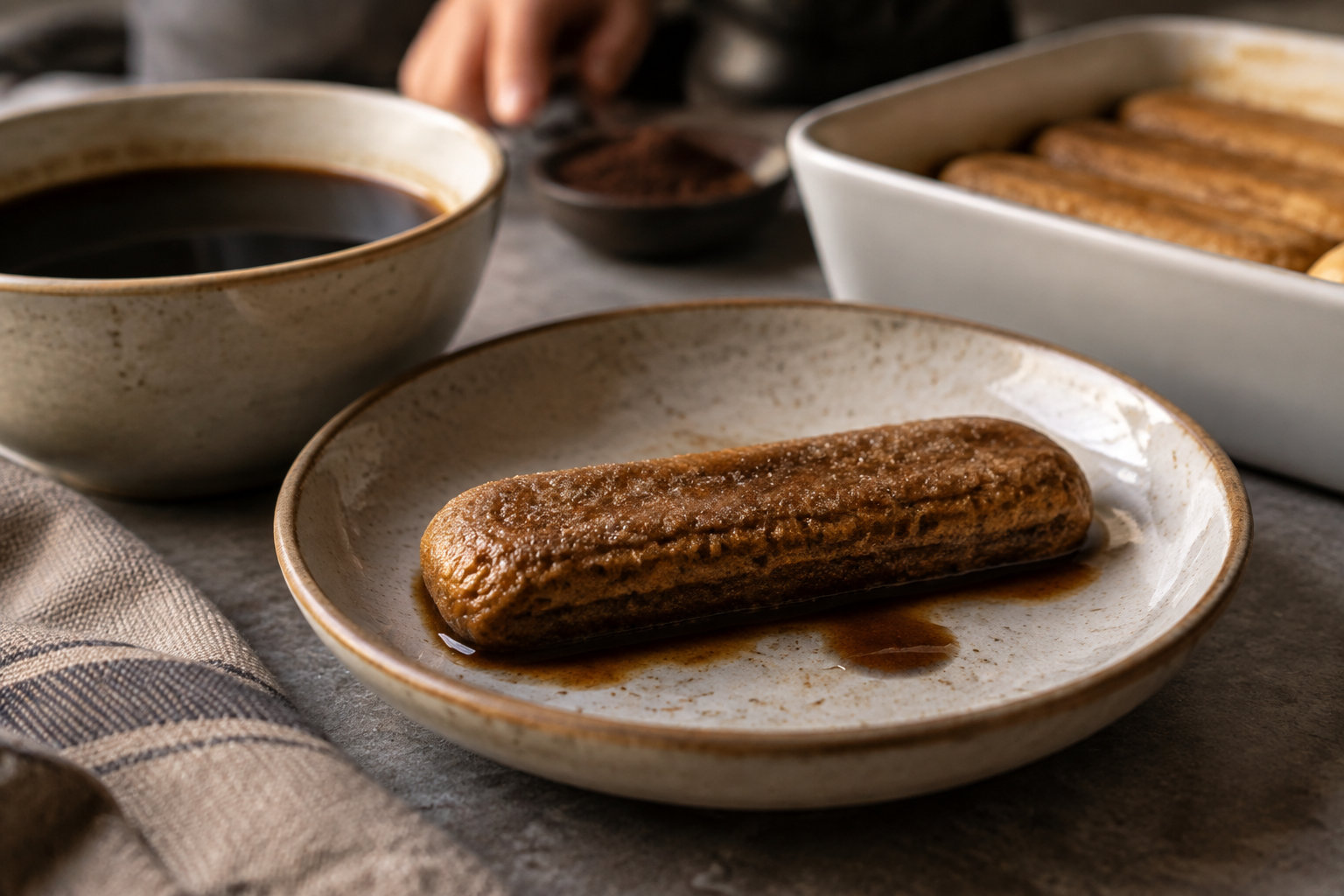 Un gâteau allongé nappé de sirop est posé dans une assiette, près d’un bol de café et d’un plat de biscuits.